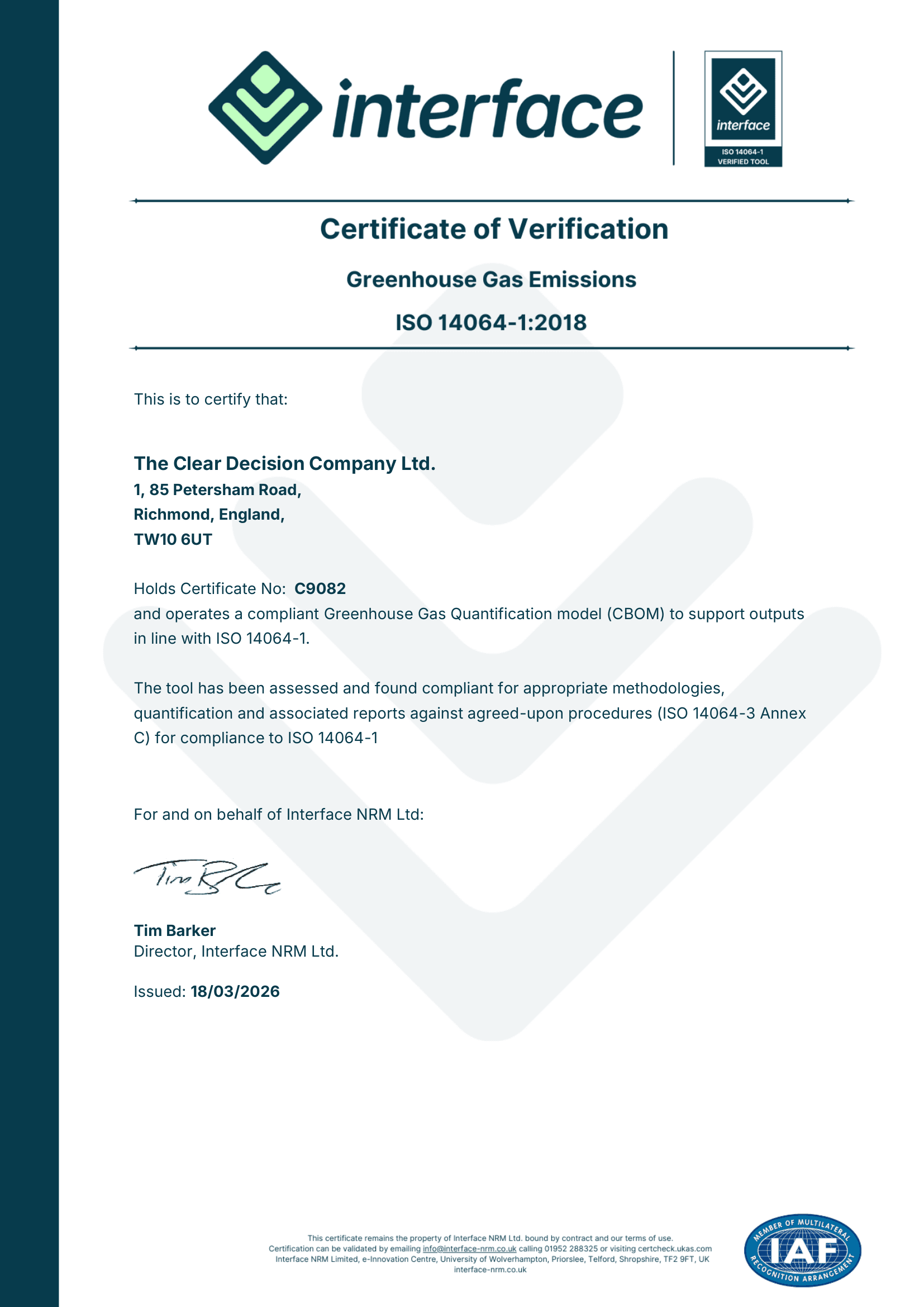 Certificate of Verification — Greenhouse Gas Emissions, ISO 14064-1:2018, Certificate No. C9082, issued to The Clear Decision Company Ltd by Interface NRM