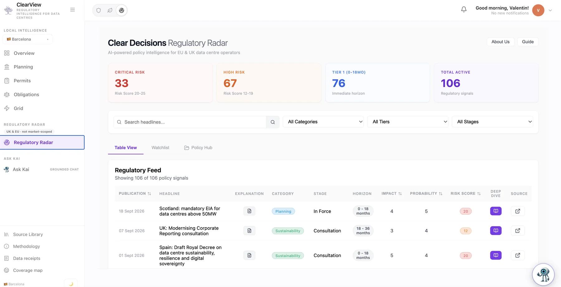 The Regulatory Radar inside the product